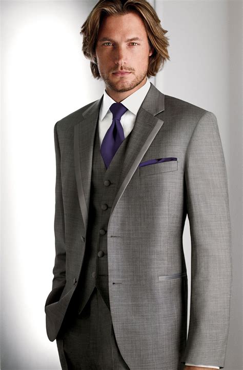 grey suit purple tie